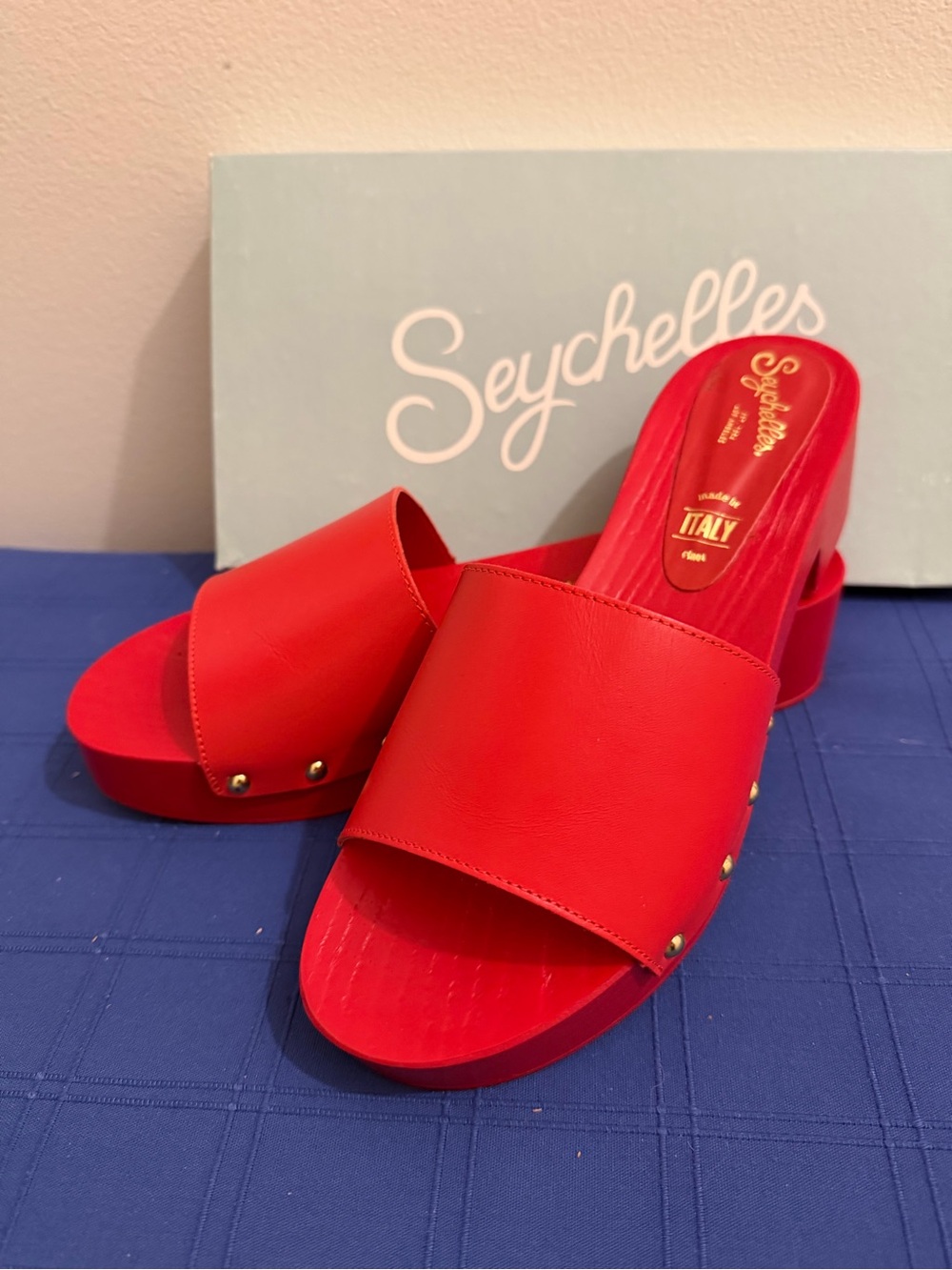 Seychelles Red Platform Slide Mules with Gold Studs